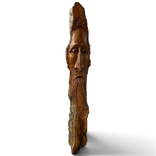 Hand-Carved Wooden Spirit Face Wall Hanging Rustic Folk Art, H22"