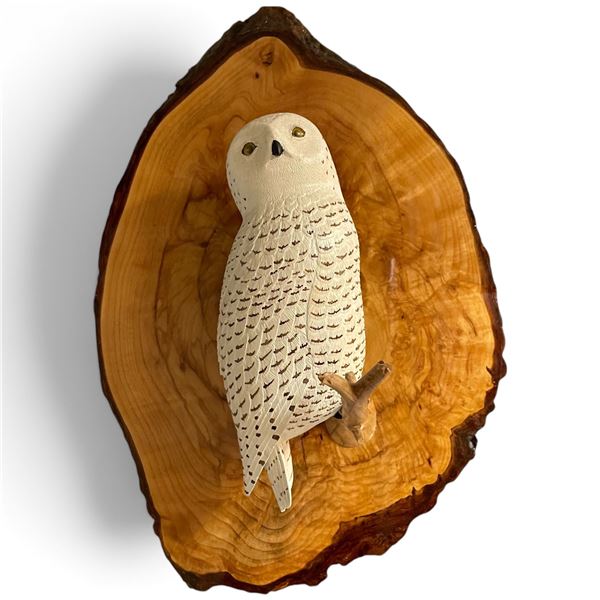 Carved and Painted Wooden Snowy Owl on Branch, Mounted on Live Edge Wood Slab, H16" x W10"