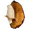 Image 2 : Carved and Painted Wooden Snowy Owl on Branch, Mounted on Live Edge Wood Slab, H16" x W10"