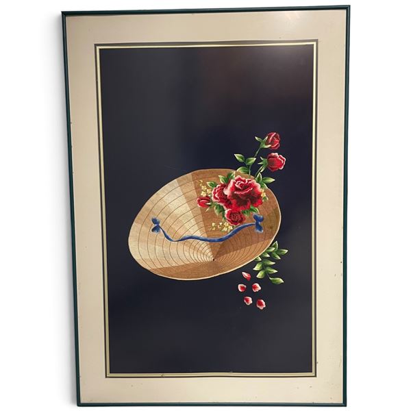 Embroidery Art "Woven Straw Hat Filled with Red Roses", Framed H39" x 27"