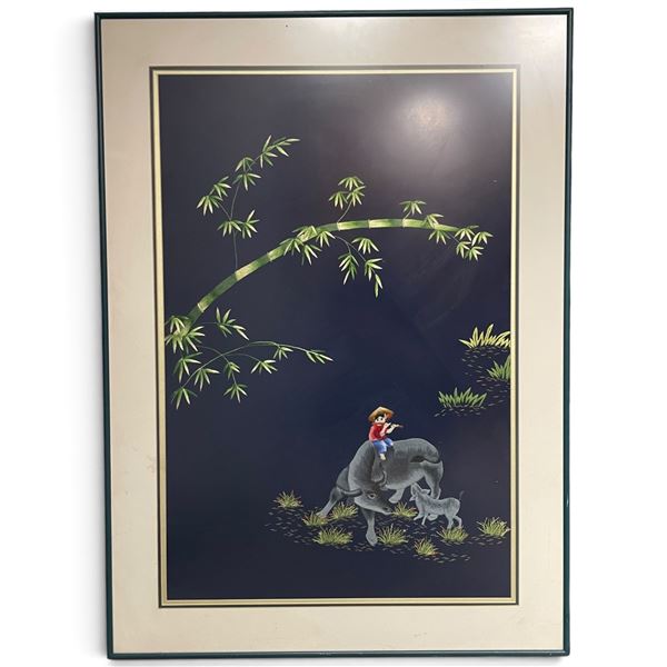 Embroidery Art "Boy Playing a Flute Astride an Elephant beneath Green Bamboo", Framed H36" x 25.5"