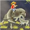Image 2 : Embroidery Art "Boy Playing a Flute Astride an Elephant beneath Green Bamboo", Framed H36" x 25.5"