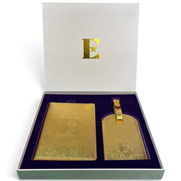 New in  Box Gold Lame Elton John Passport Holder & Luggage Tag