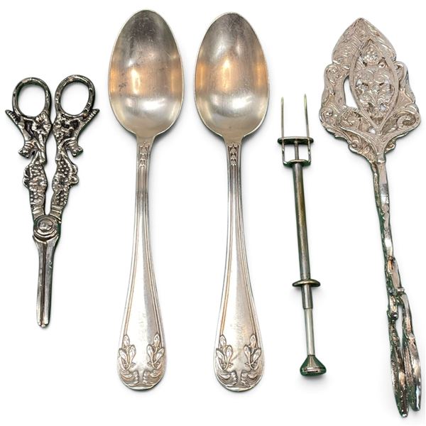 Five-Piece Silver-Plated Utensils with Cake Server, Shears & 84-Marked Spoons