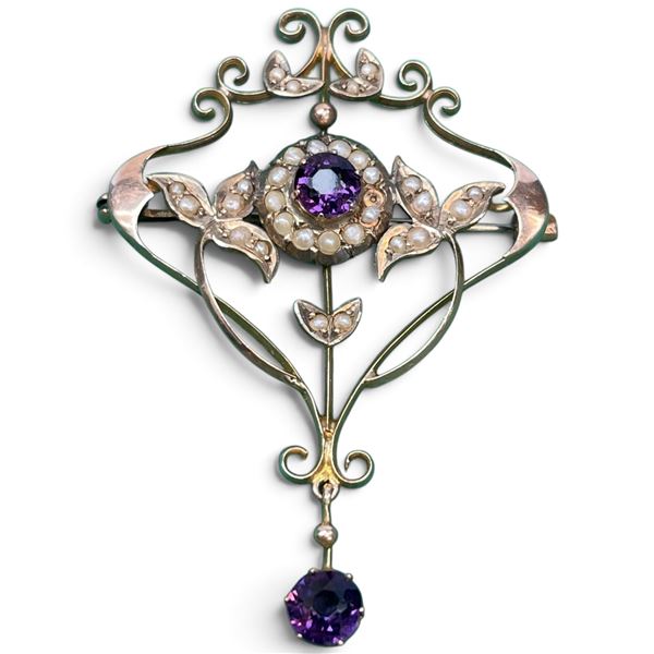Antique 9 KT Gold Edwardian Amethyst & Seed Pearl  Pendant/Brooch (Total weight: 4.57 Grams) - 37mm