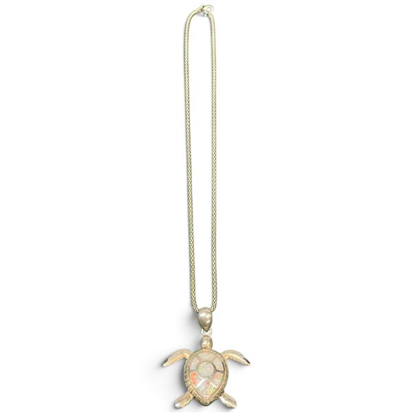 Turtle Pendant with Opal Inlay Stamped 950 on Italian Sterling Chain - Total weight: 10 grams