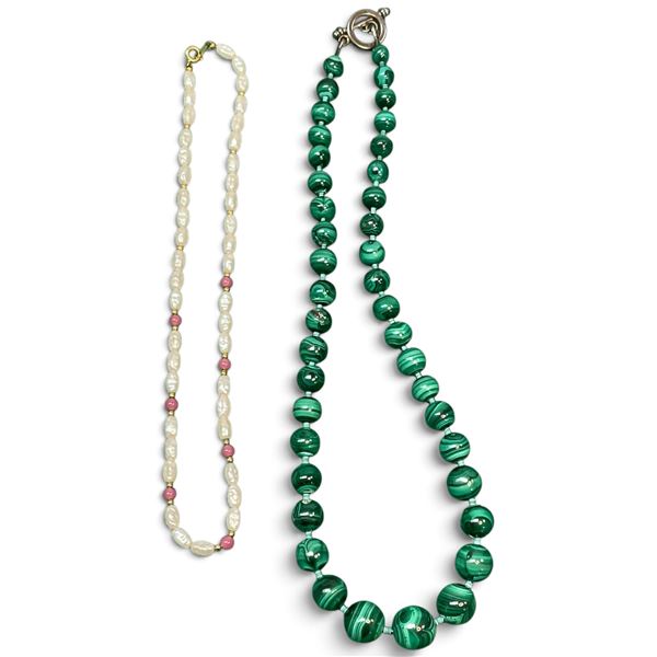 18" Malachite Necklace & 16" Freshwater Pearl Necklace & Fishing Fly Lapel Pin