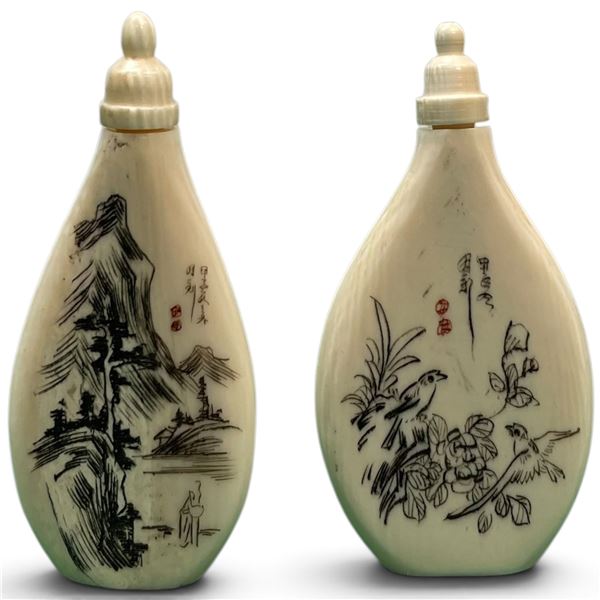 2 Vintage Carved & Inked Perfume Bottles - Each Measures: 47mm x 54mm x 7.5mm thick