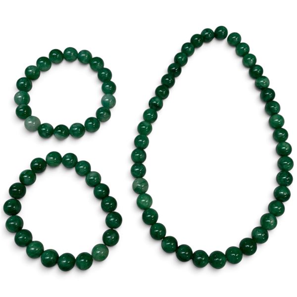 3 Jade Green Stone Bracelets with 10mm Beads - One is a 14" Double Wrap Bracelet