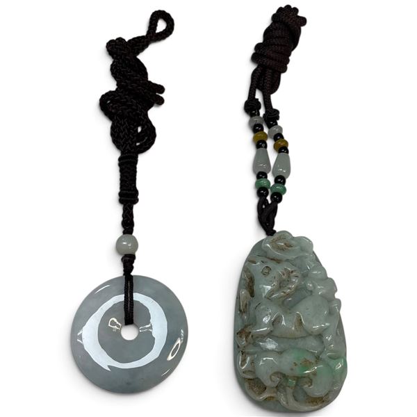Jadeite Chinese Zodiac Ram Pendant & Pi Disc - Ram pendant measures: 57m x 69mm x 12.5mm thick