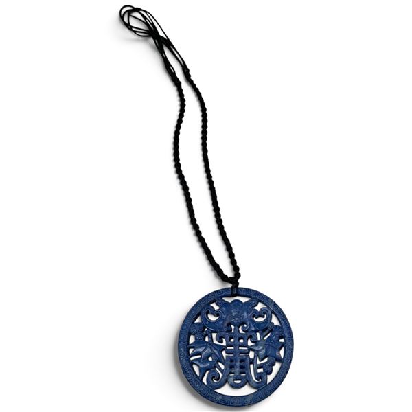 Large Dyed Blue Stone Chinese Double Happiness Pendant - Pendant measures: 71mm diameter x 7 mm thic