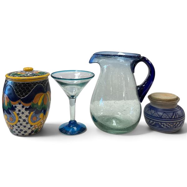 Group  of 4 Mexican Pottery & Glass - Featuring a 8" Talavera Ginger Jar