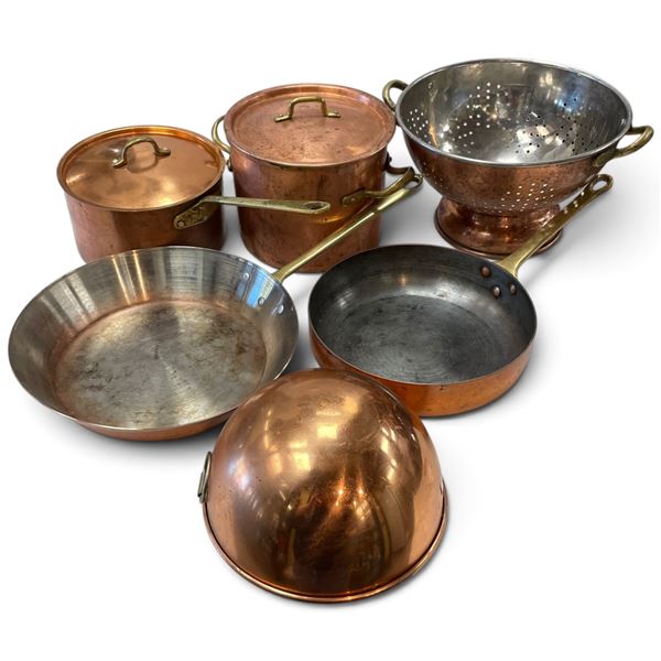 Shelf Lot of Copper Skillets, Pots & Strainer