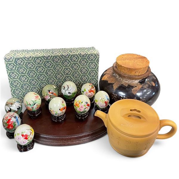 Mini Egg Set on Stands, Stoppered Container & Tiny Teapot