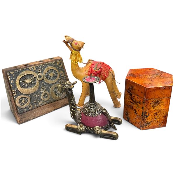 Mid-Century Art Tile on Wood Block, Tea Caddy & 2 Camel Figurines