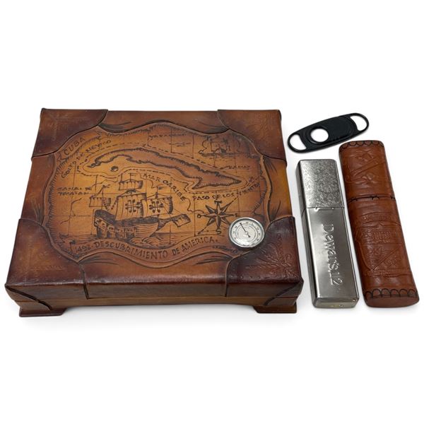 Leather Humidor, Cigar Cutter & 2 Cigar Cases