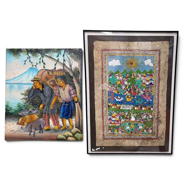 Mexican Painting on Bark Paper (framed 20" x 27") and Signed Painting on Stretched Canvas