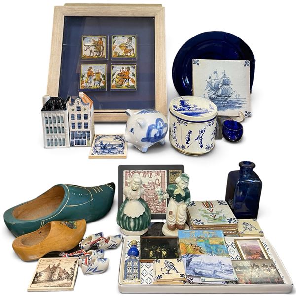 Collection of Dutch Themed Items - Delft, Cobalt Glass, Wood Shoes, Tiles & More