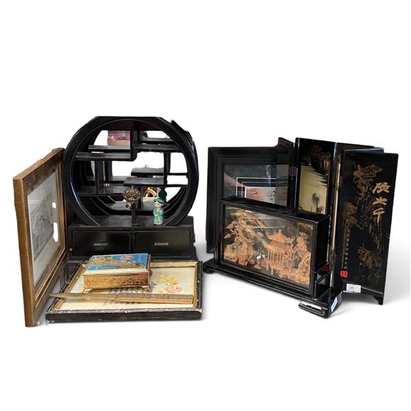 Mixed Lot of Cork Diorama, Small Curio Shel, Mini Folding Screen & More