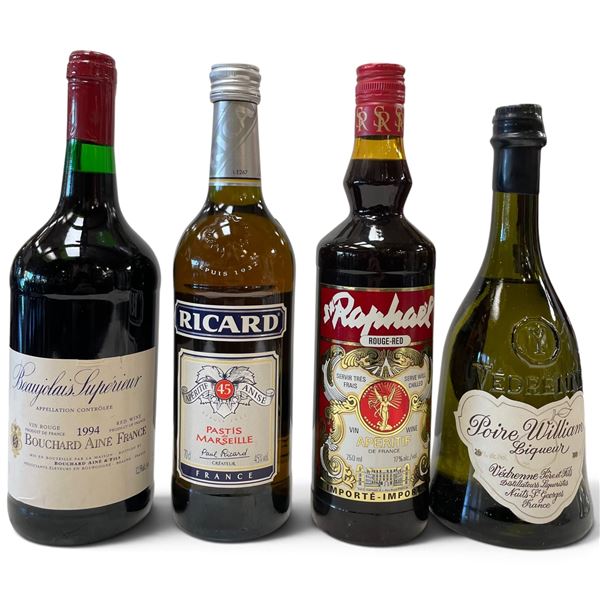 4 Sealed Full Size Bottles of a Variety of Liquors (Ricard, Raphael, Beaujolais, & Poire William)