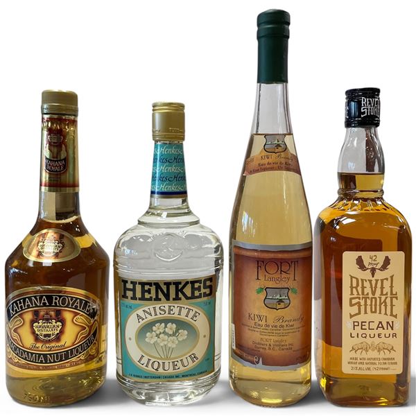 4 Sealed Full Size Bottles of a Variety of Liquors (Revelstoke Pecan Liqueur, Kahana Royale, Anisett