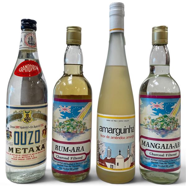 4 Sealed Full Size Bottles of a Variety of Liquors (Ouzo, Rum-Ara, Mangala-Ara, & Amarguinha)