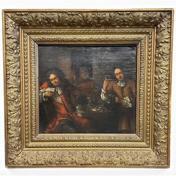 19th Century Style Oil on Canvas European Tavern Scene in Antique Frame (frame is 20" x 20"