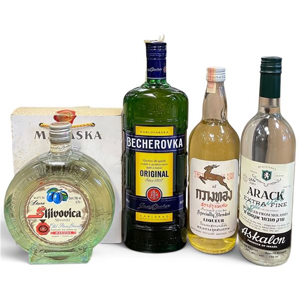 4 Sealed Full Size Bottles of a Variety of Liquors (Arack Ashkelon, Slavonia, Becherovka, & Kwang Th