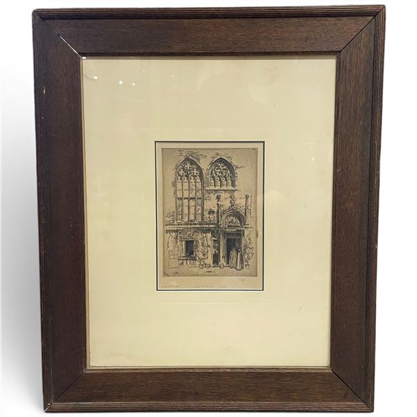 Vintage Etching of Hotel de Genes, Bruges by C. White - Double matted in a 22" x 26" frame