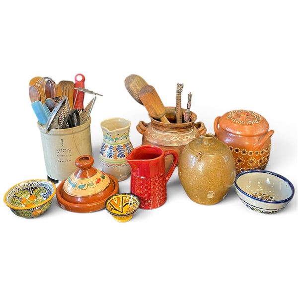 Shelf of Kitchen Items - Pottery, Ceramic, Jugs, Wood Utensils etc.