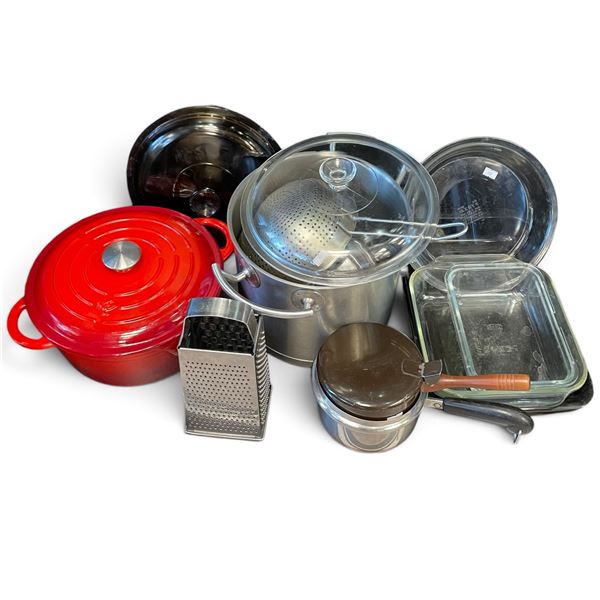Shelf of Kitchen Items - Dutch Oven, glass baking dishes, and pots
