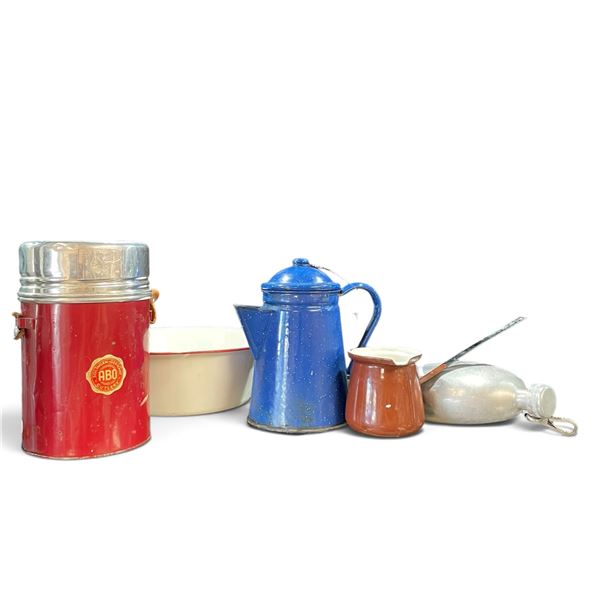 Group of Vintage Camping Gear - Enamelware, metal water bottle, German Solingen Thermos