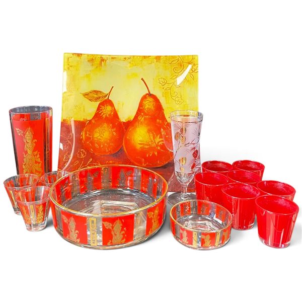 Group of Colourful Glass Platter & Vintage Glassware