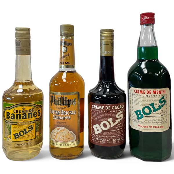 4 Sealed Full Size Bottles of Liqueurs (Butter Brickle Snapps, Crème de Bananes, Crème de Menthe, Cr