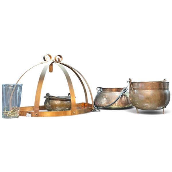 Copper Pot Hanger and 3 Copper Pots