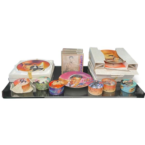 Group of Elvis Plates, Porcelain Music Boxes & Calendars