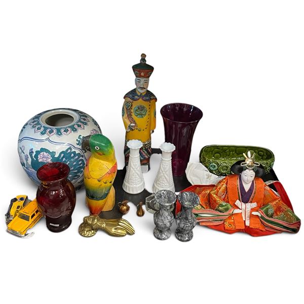 Shelf Lot of Decorative Collectibles - Vases, Doll, Toys, Parrot Statue