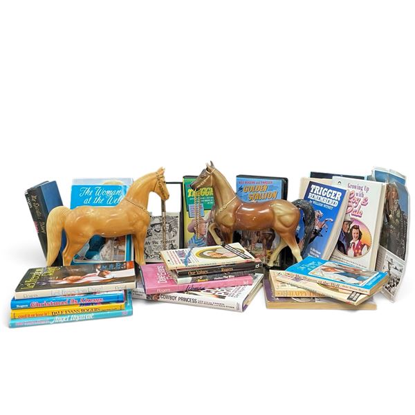 Shelf of Roy Rogers & Dale Evans Memorabilia - Books, VHS Movies, Horse Models