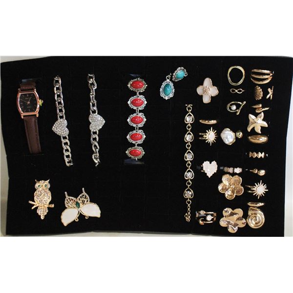 TRAY W/ BROOCH AND BRACELETS AND RINGS,WATCH