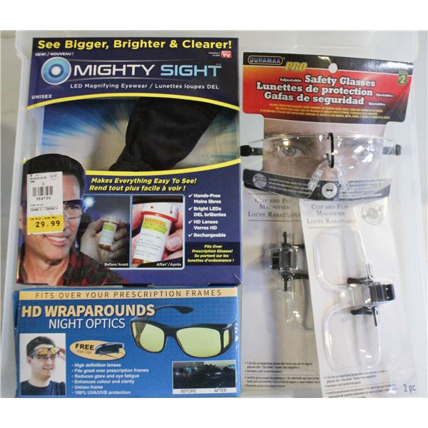 LOT OF VARIOUS SAFETY EYE WEAR & LIGHT MAGNIFYING