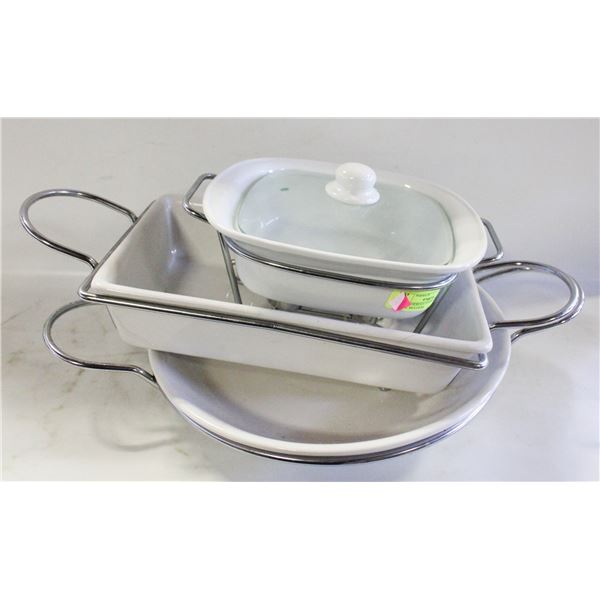 3PC CASSEROLE DISHES WITH METAL HOLDERS