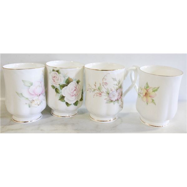 FOUR VINTAGE WHITE BONE CHINA FOOTED MUGS