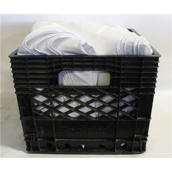 3 - 7' X 9' WHITE TARPS IN A MILK CRATE
