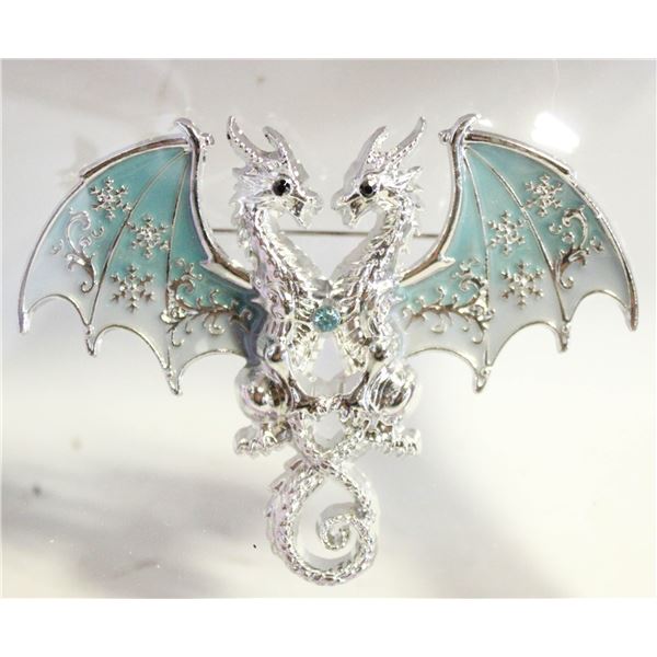 NEW LARGE DOUBLE DRAGON BROOCH SILVER