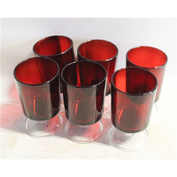 SIX RUBY-RED GLASS LIQUEUR GLASSES
