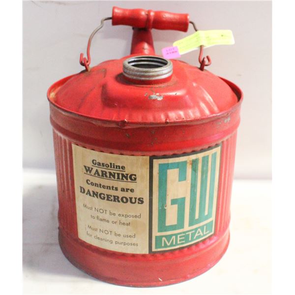 ANTIQUE 1 GALLON METAL GAS CAN MISSING TOP CAP