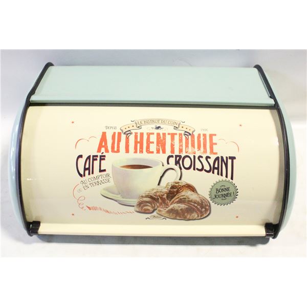RETRO TEAL & CREAM METAL ROLL-TOP BREAD BOX