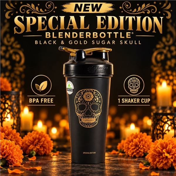 NEW BLENDERBOTTLE BLACK & GOLD SUGAR SKULL