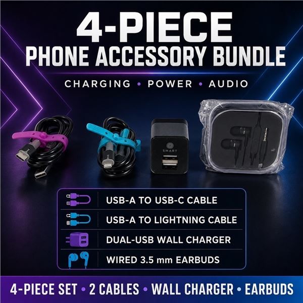 NEW 4 PIECE BLACK PHONE CHARGER & EARBUD SET