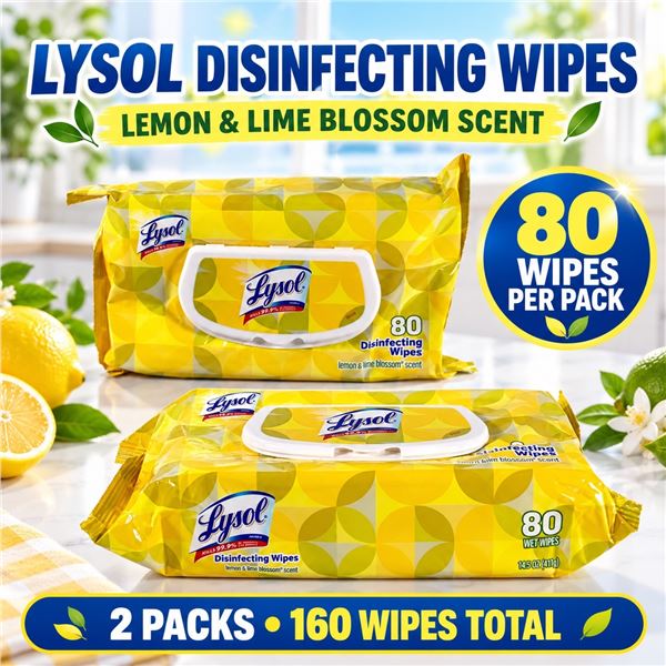2 LYSOL LEMON & LIME DISINFECTING WIPES 80 PACK